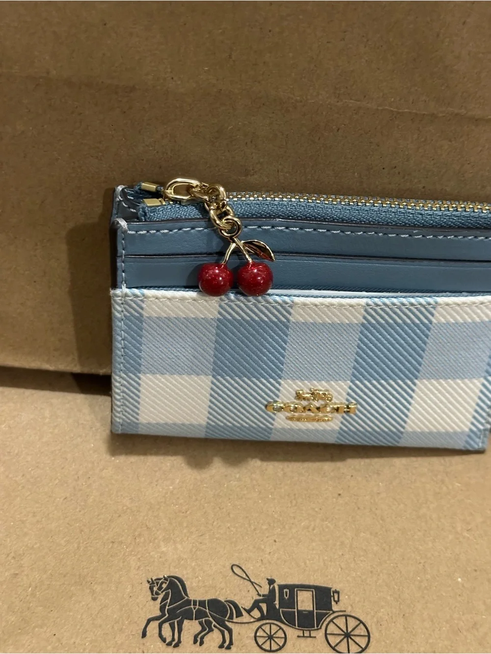 🍒🍒NWT Coach Mini Skinny Id Card Case With Gingham Print Cherry Charm Blue CFA31